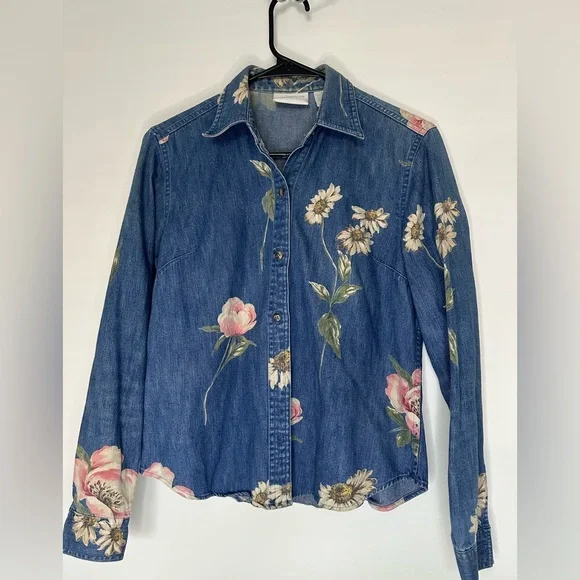 Liz Claiborne Lizwear Jeans Vintage Y2K Denim Floral Button Down - Picture 2 of 10